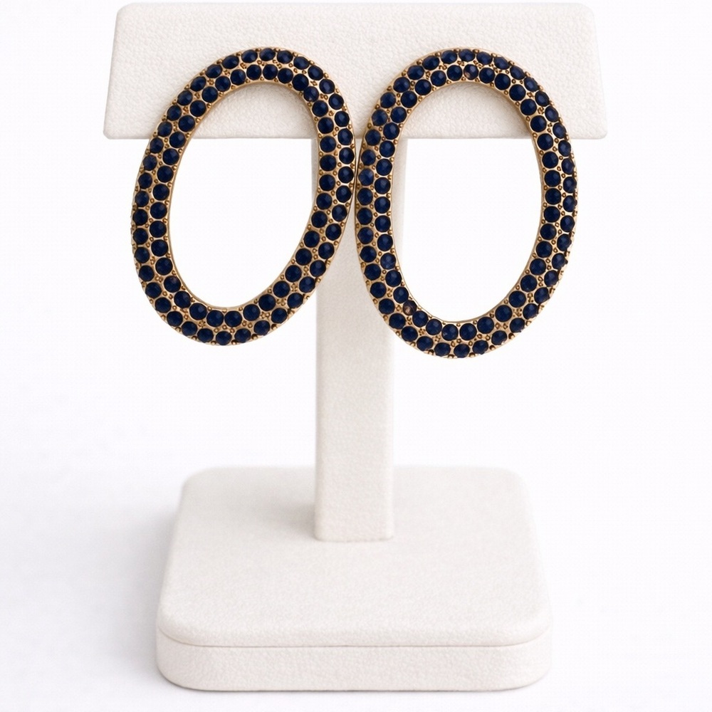Gold Tone Blue Rhinestone Oval Statement Earrings
